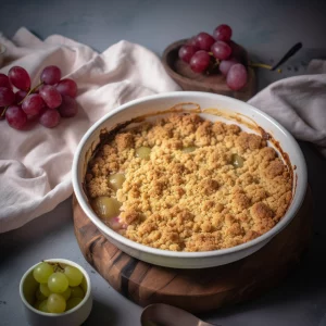 Crumble baking in the oven on a tray until golden brown and bubbling.