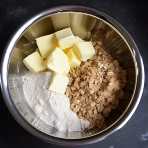 Mixing flour, oats, and sugar with butter cubes to make crumble topping.