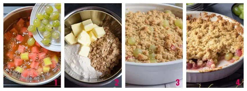 Gooseberry and rhubarb crumble in progress – fruit mixture being cooked, crumble topping prepared, and dessert assembled in a baking dish.