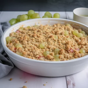 Spreading crumble topping over fruit mixture in an ovenproof dish before baking.