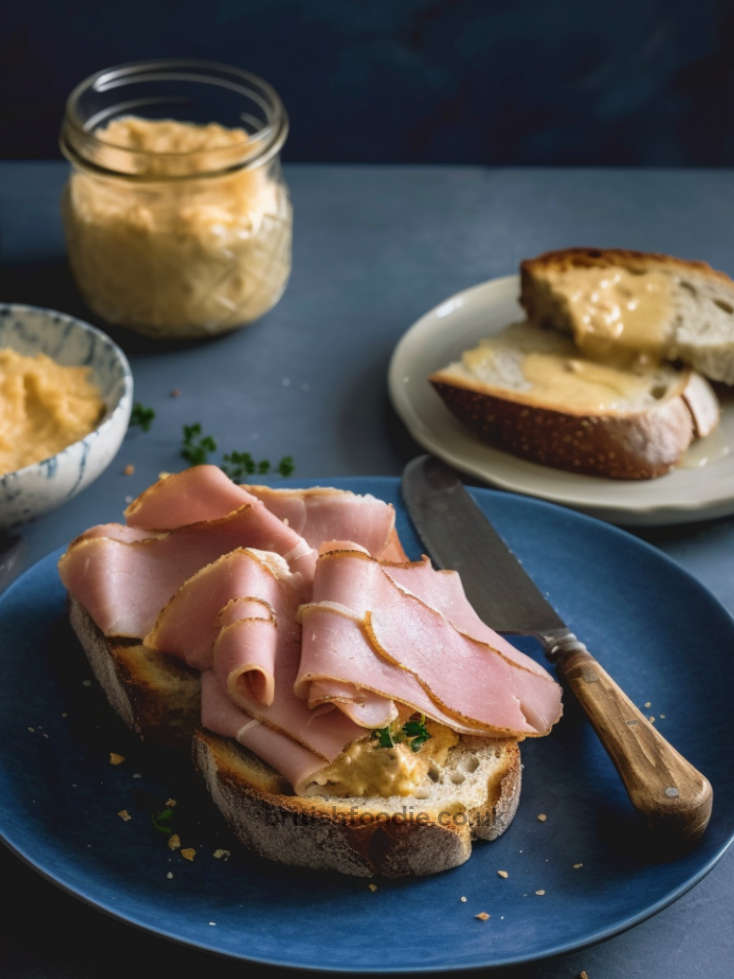 Crusty bread topped with split pease pudding and roasted ham.