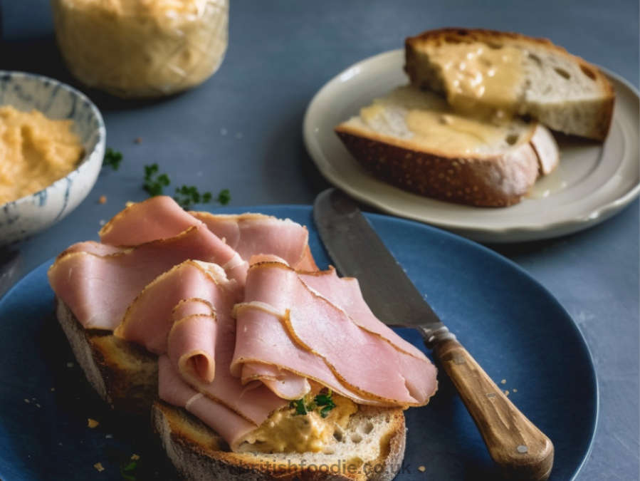 Crusty bread topped with split pease pudding and roasted ham.