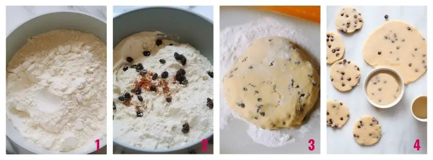 Welsh cake recipe step by step photos from preparing the flour mix, adding spices and raisins to shaping the dough and cutting into rounds.