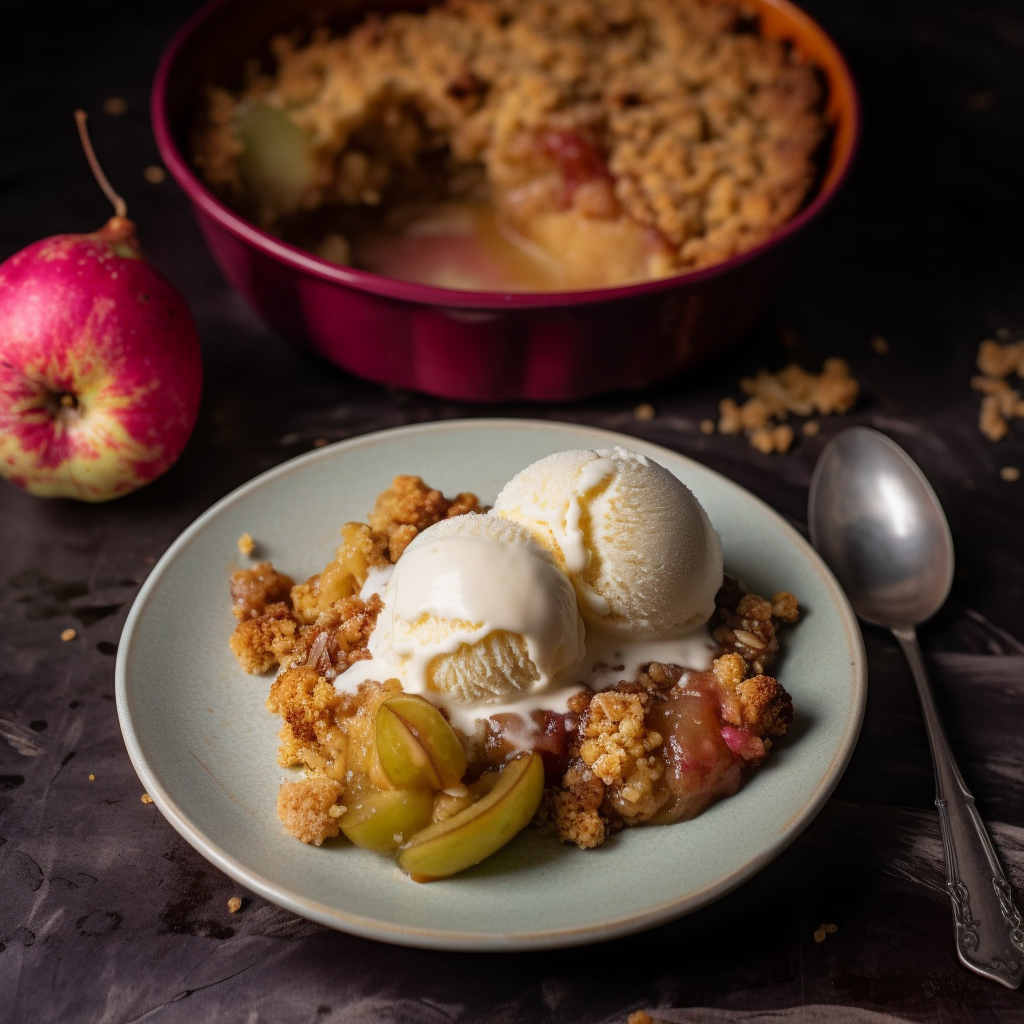 Warm gooseberry rhubarb crumble served with vanilla ice cream on top.