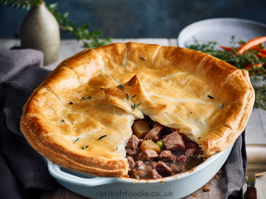 Lancashire sliced meat and potato pie with flaky pie crust lid on top.