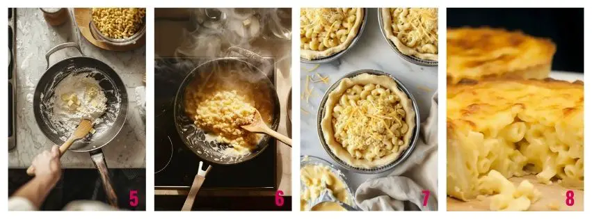 Spoon cheesy macaroni into pie crusts and top with cheese before baking.