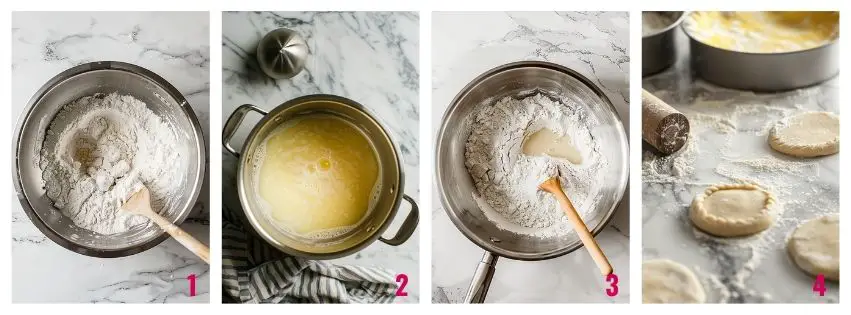 Mixing hot water pastry dough and pressing into pie tins for Scottish macaroni pie