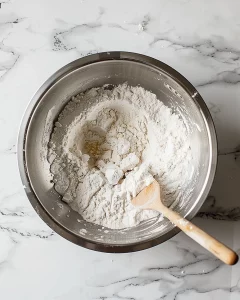 Flour in a stainless steel bowl with a well in the center on a marble countertop