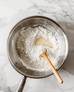 Pouring hot liquid into a flour well and stirring with a spoon