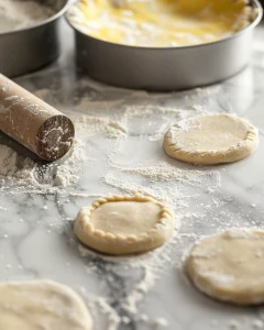 Four dough balls on floured surface, one being rolled out near pie tins.