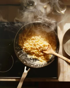 Cheddar cheese, mustard, and seasoning stirred into the roux with macaroni