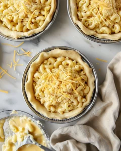 Spoonfuls of cheesy macaroni being added to pie crusts and topped with grated cheese