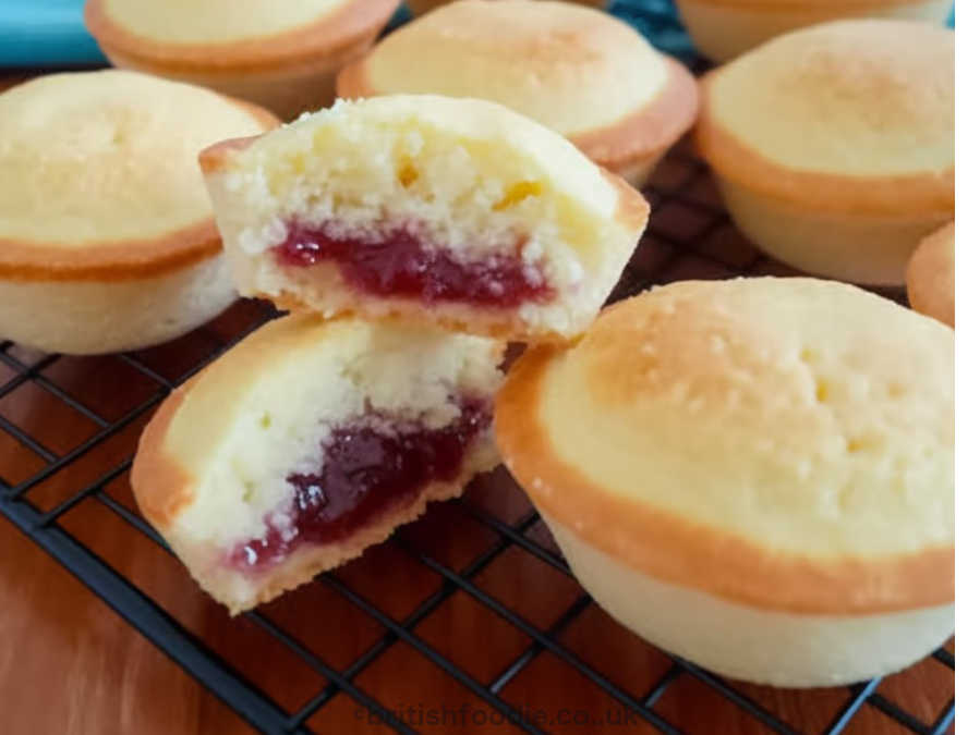 welsh cheese cakes with bottom pie crust and filled with raspberry jam and cake batter.