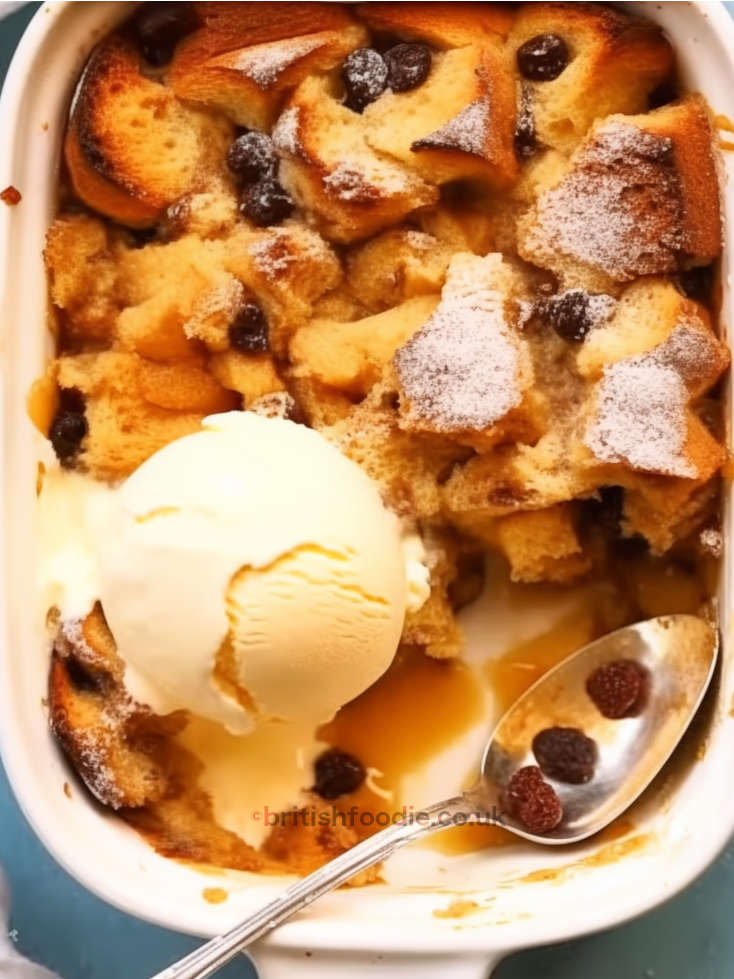 apricot sultanas bread and butter pudding in a baking pen topped with a scoop of vanilla ice cream