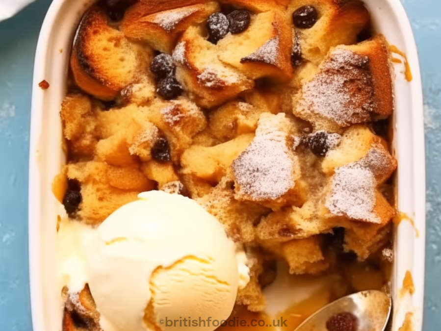 apricot sultanas bread and butter pudding in a baking pen topped with a scoop of vanilla ice cream