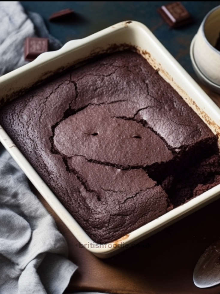 a rectangular baking pan with a chocolate fudge pudding