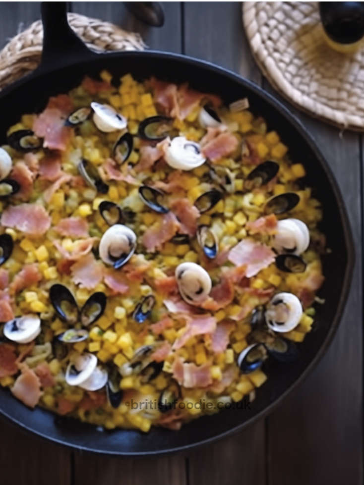 a pan with Welsh laverbread and cockles cooked with bacon