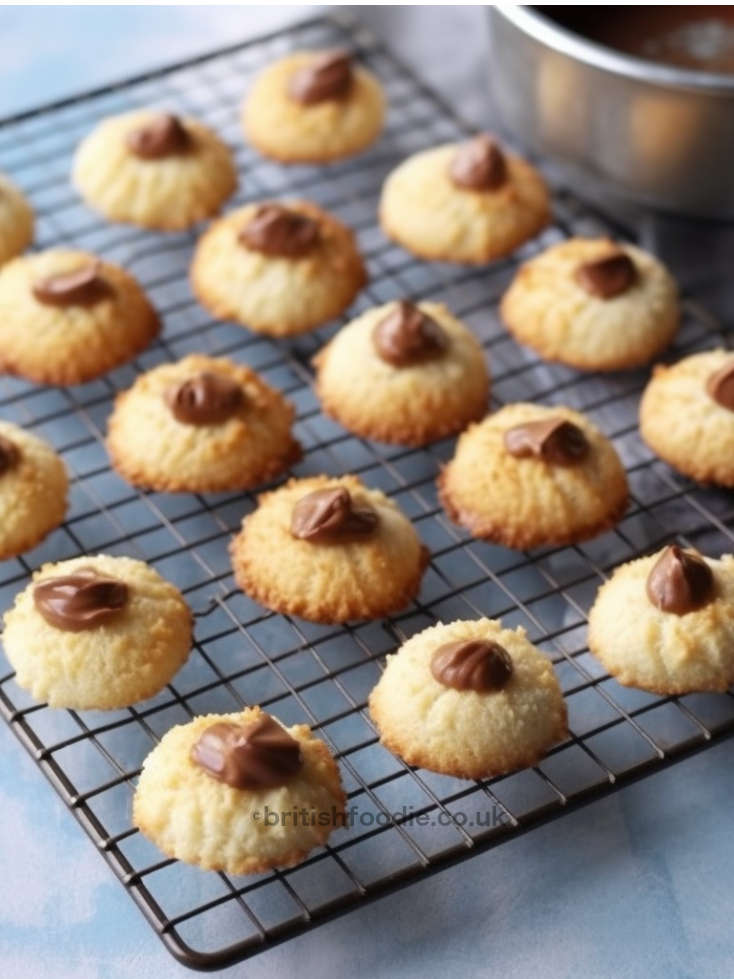 Mary Berry Coconut Biscuits on a wire rack with a drop of chocolate on top