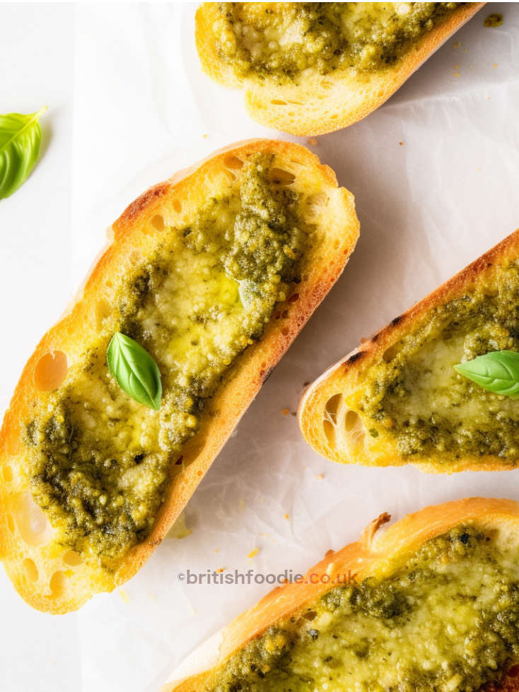 Mary Berry Garlic Pesto Bread with a basil leaf on top