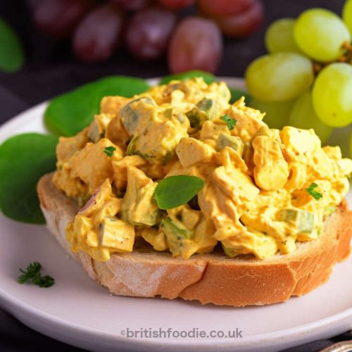 coronation chicken served on a piece of bread with grapes