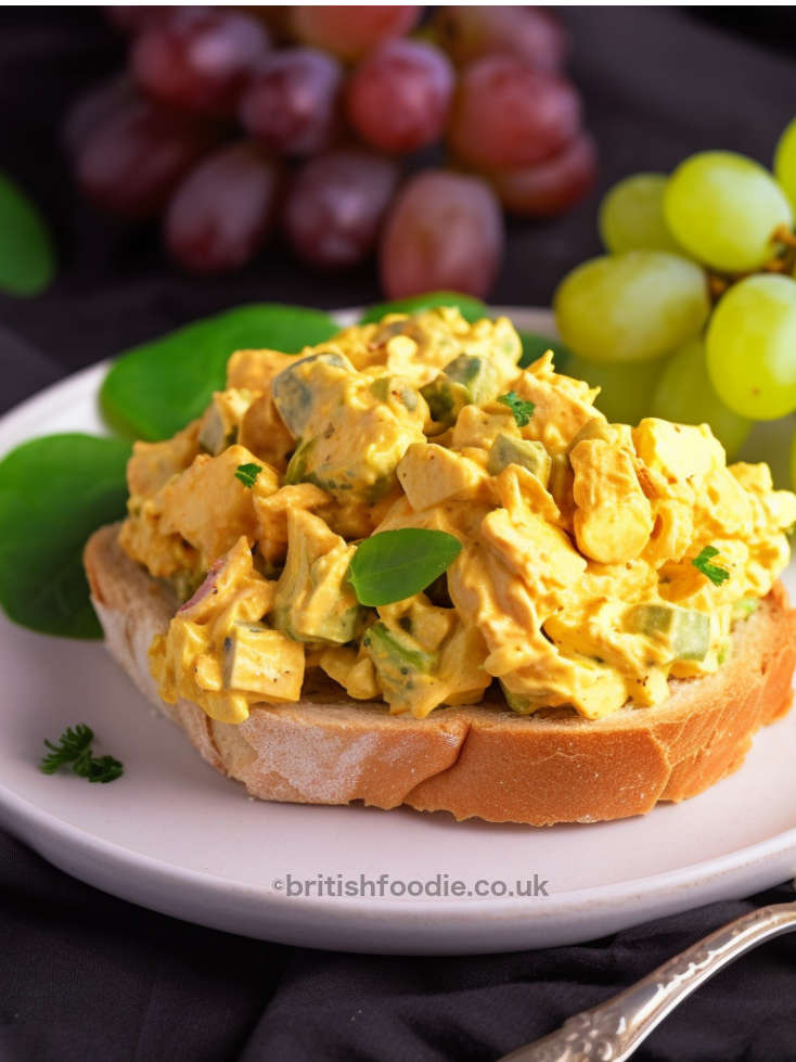 coronation chicken served on a piece of bread with grapes