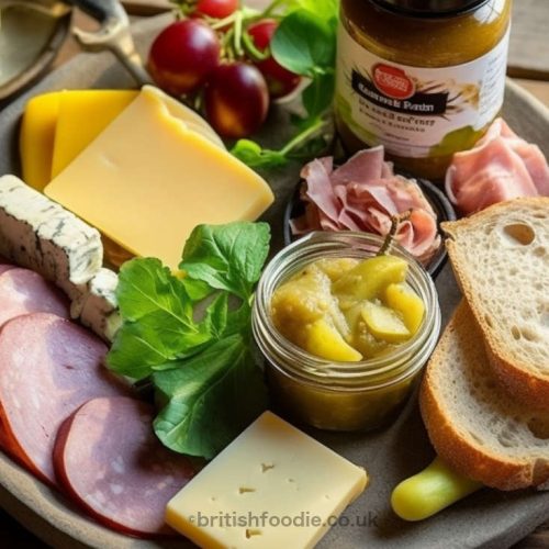 british ploughmans charcuterie of cured meats, cheese, bread, fruit and salad