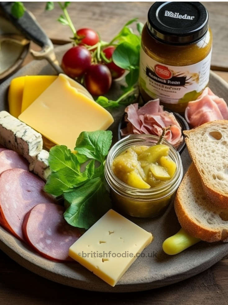 british ploughmans charcuterie of cured meats, cheese, bread, fruit and salad