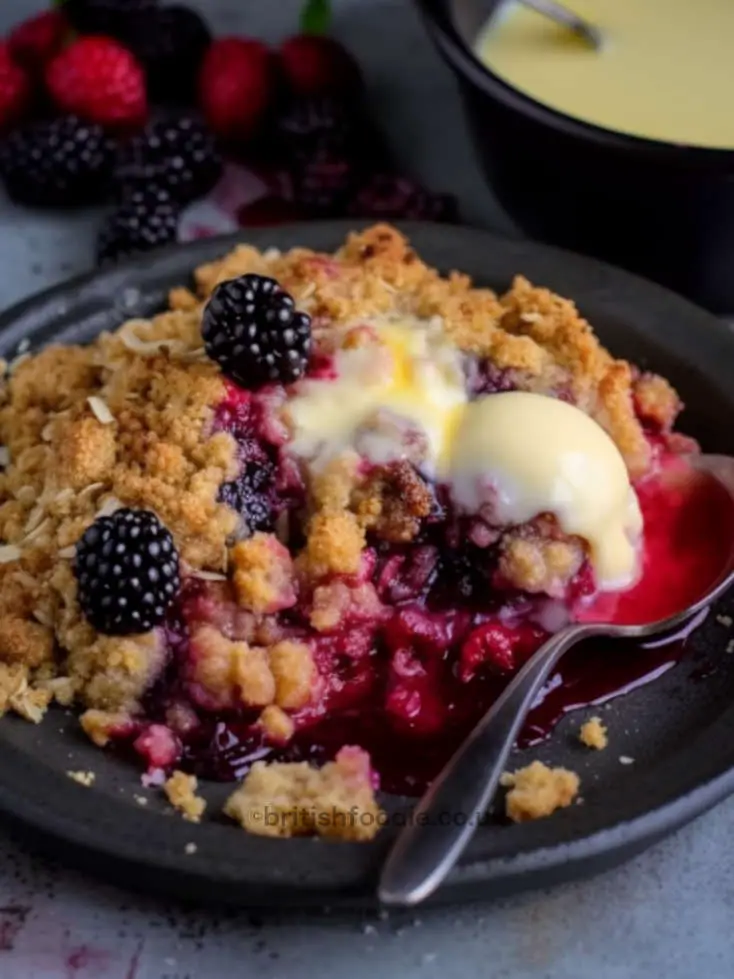 pear and blackberry crumble served with ice cream or custard