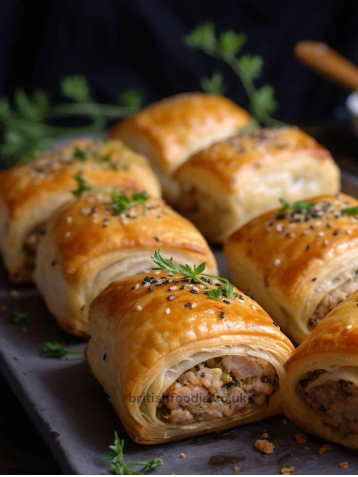 sausage rolls with ground park, apples, thume and leeks