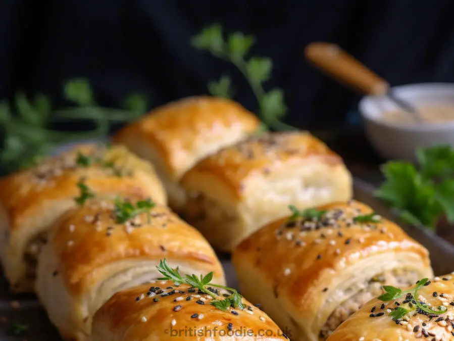 sausage rolls with ground park, apples, thume and leeks