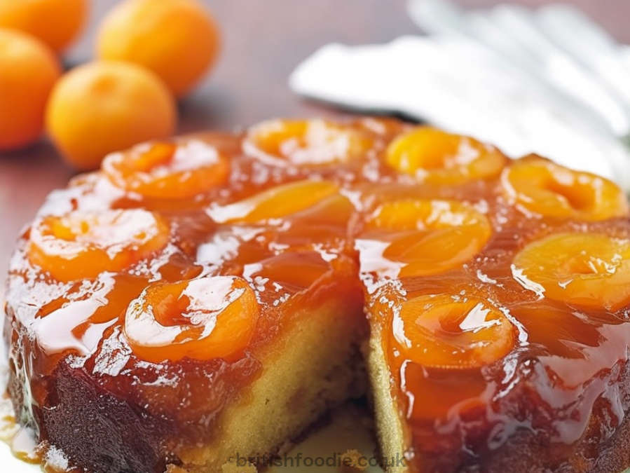 caramelised apricots on top of the upside down sticky cake pudding.