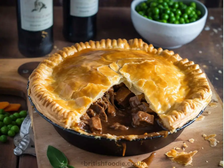 Homemade British steak and ale pie with golden crust and peas.