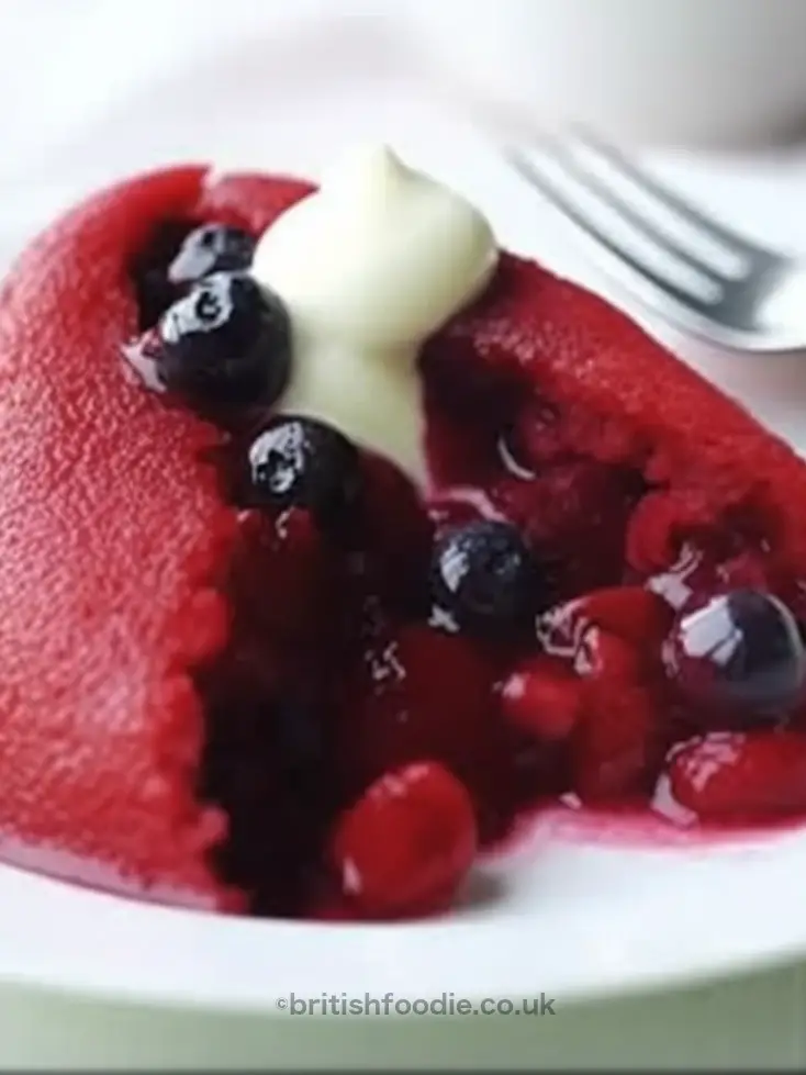 slice of blackcurrant summer pudding with strawberries, redcurrants and cherries