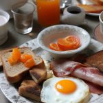 Classic Welsh breakfast with eggs, bacon and laverbread