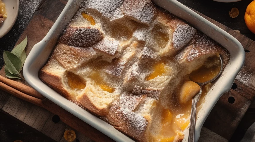 Overhead view of a golden brown apricot bread and butter pudding in a baking dish, with a spoon lifting out a creamy portion layered with apricots.