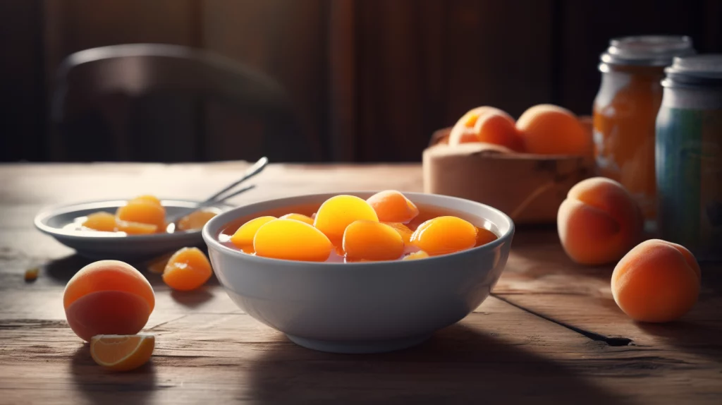 A bowl of vibrant canned apricot halves in syrup next to an empty can on a rustic wooden table, showcasing the key ingredient for easy recipes.