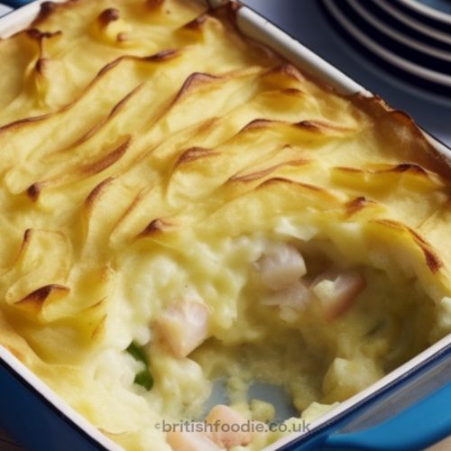 Cornish Fish Pie fresh from the oven with golden mashed potato topping