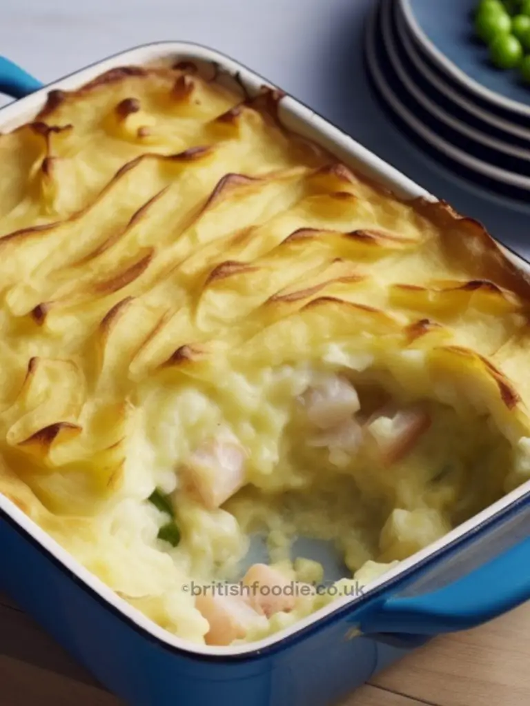 Cornish Fish Pie fresh from the oven with golden mashed potato topping