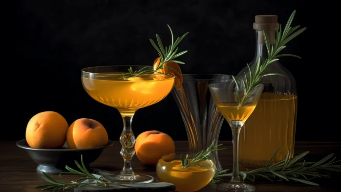An elegant cocktail shaker and coupe glass filled with a golden apricot syrup drink, garnished with fresh apricot and rosemary.