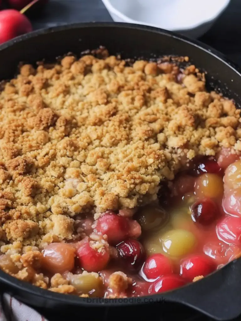 Crumble with red rhubarb sauce spread over tart green gooseberries.
