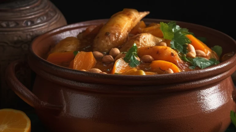 A traditional Moroccan tagine pot opened to reveal a savoury chicken stew with softened apricots, almonds, and herbs.