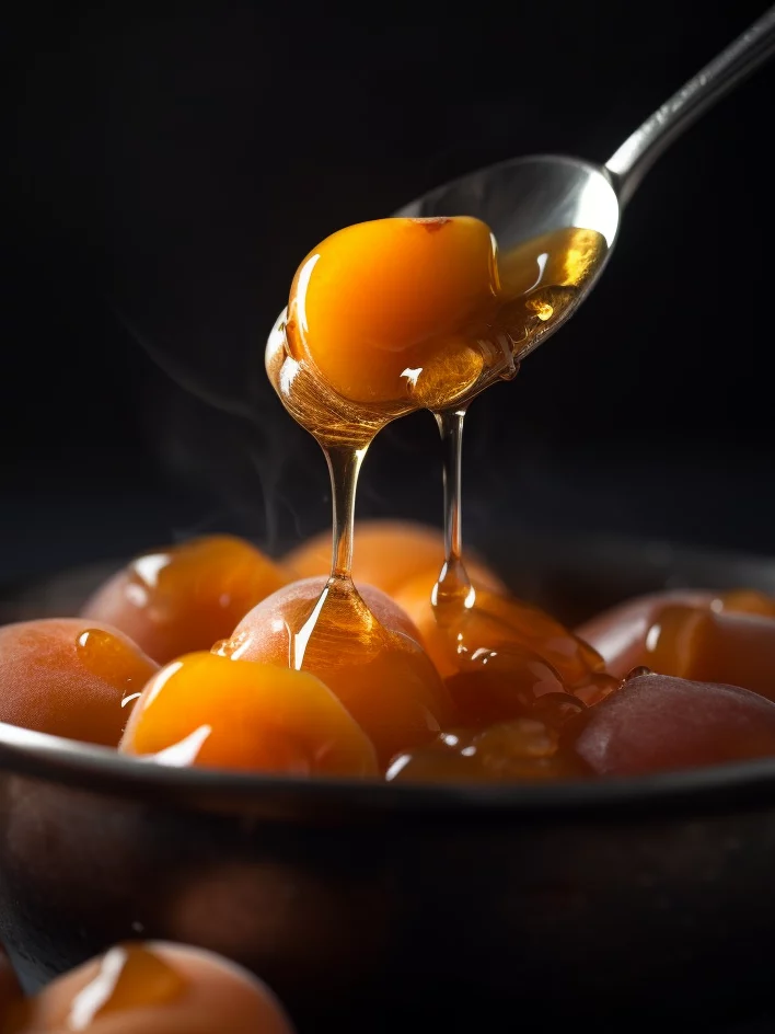 Close-up of a spoon lifting a canned apricot half from golden syrup, with droplets falling back into the bowl.
