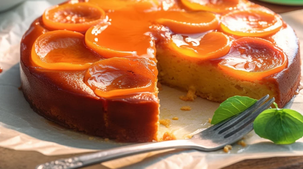 A slice cut from a moist upside-down ginger cake with caramelised apricot halves on top, served with a pool of vanilla custard on a ceramic plate.