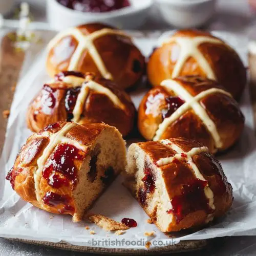 Hot Cross Buns with a spread of strawberry jam