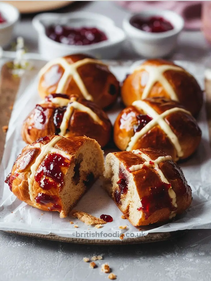 Hot Cross Buns with a spread of strawberry jam